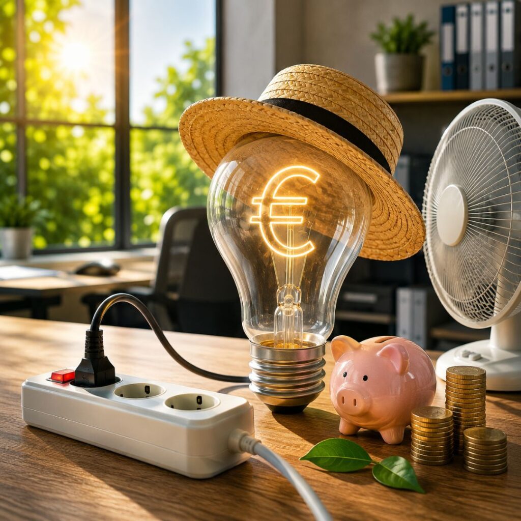 Gastos eléctricos en verano en una empresa representados por una bombilla con símbolo de euro en una oficina durante una ola de calor