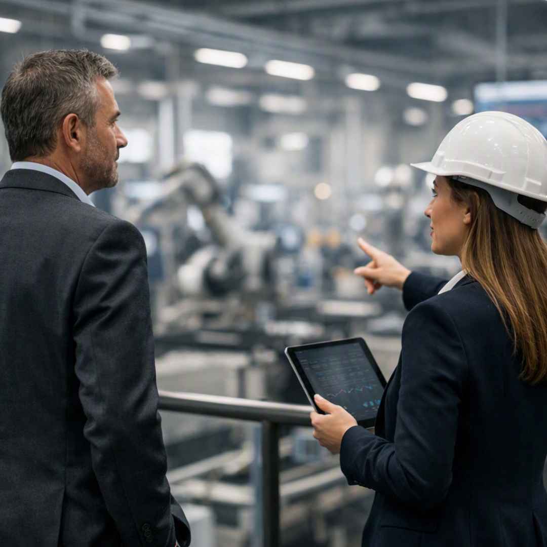 Consultora energética realizando una auditoría energética para empresas junto al gerente de una instalación industrial