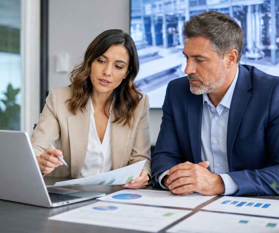 Equipo directivo analizando datos de consumo y oportunidades de ahorro energético en una empresa