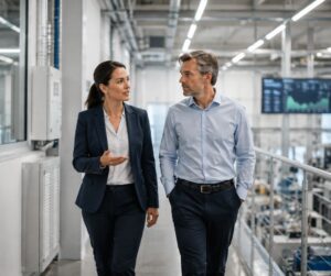 Consultor energético y responsable de empresa revisando una instalación durante una auditoría energética para empresas