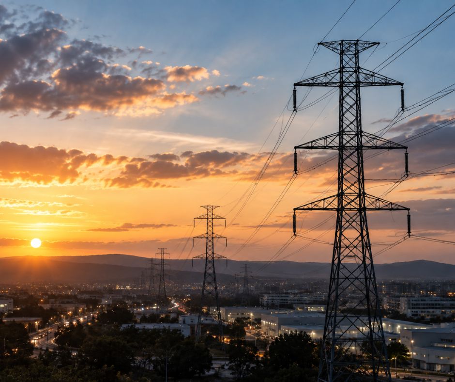 Torres de alta tensión sobre una zona industrial representando la subida del precio de la luz y la evolución del mercado eléctrico