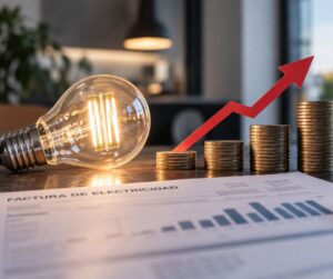 Bombilla, factura eléctrica y monedas representando la subida del precio de la luz y su impacto en las empresas