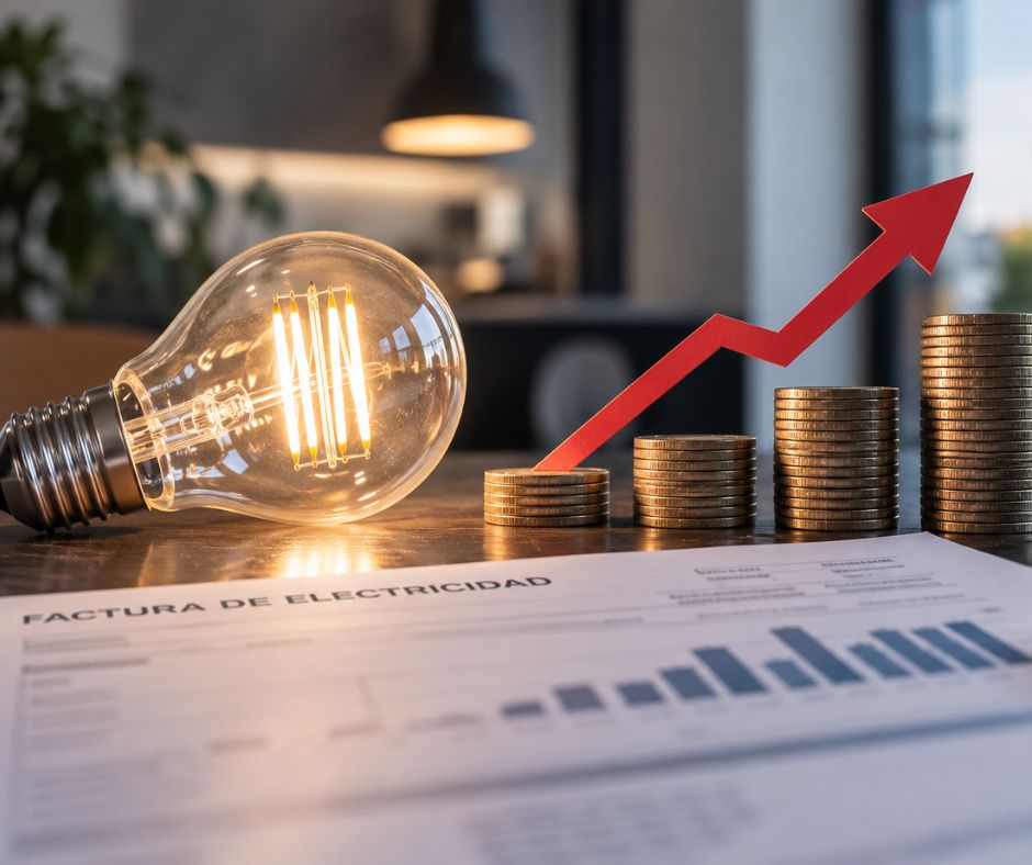 Bombilla, factura eléctrica y monedas representando la subida del precio de la luz y su impacto en las empresas